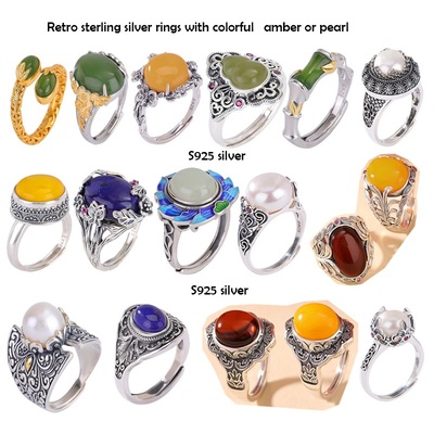 925 Retro sterling silver rings with colorful amber or pear or jade