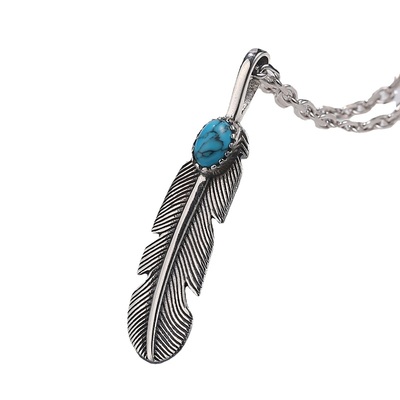 feather shapes Retro sterling silver pendants with turquoise